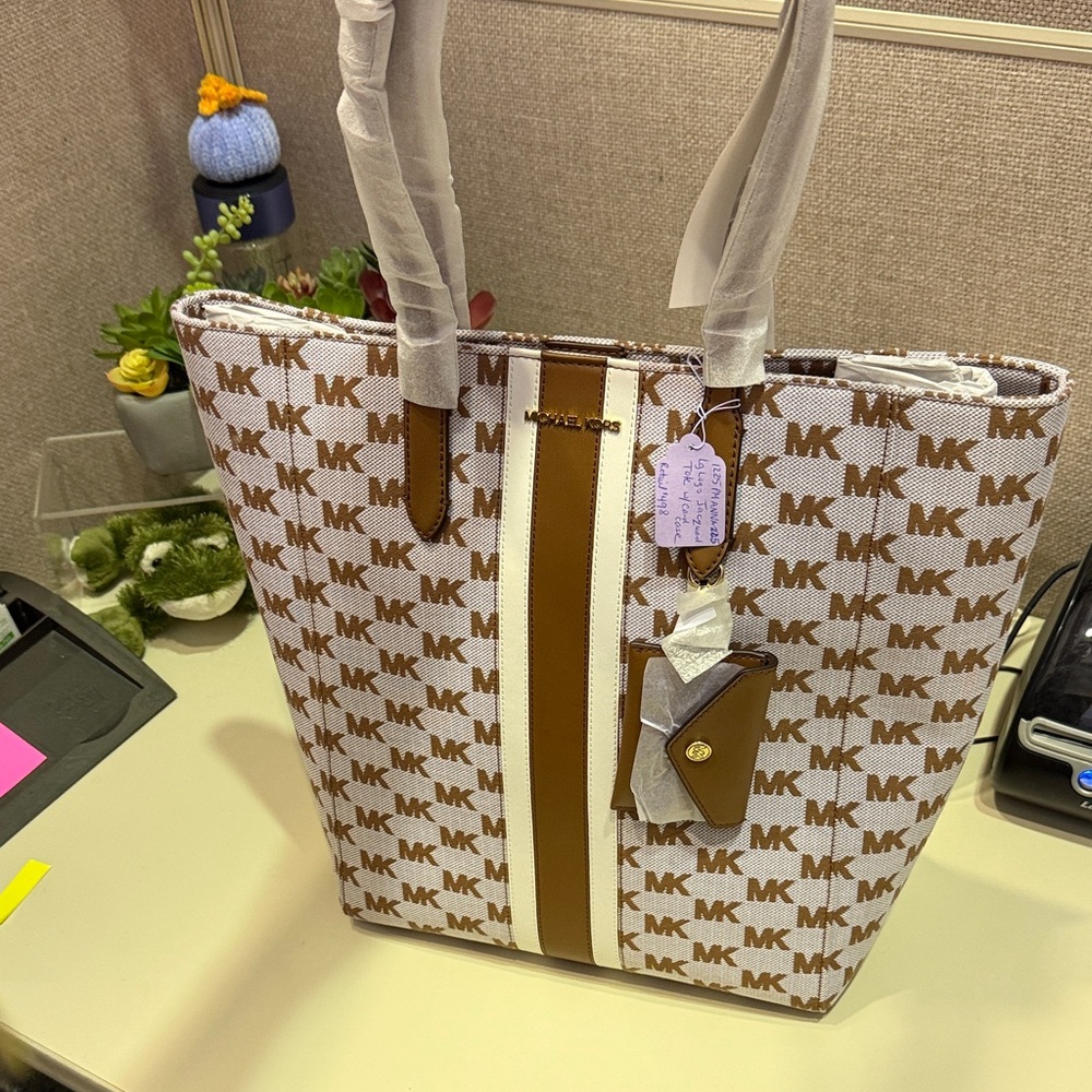 Michael Kors White and Tan Signature Tote